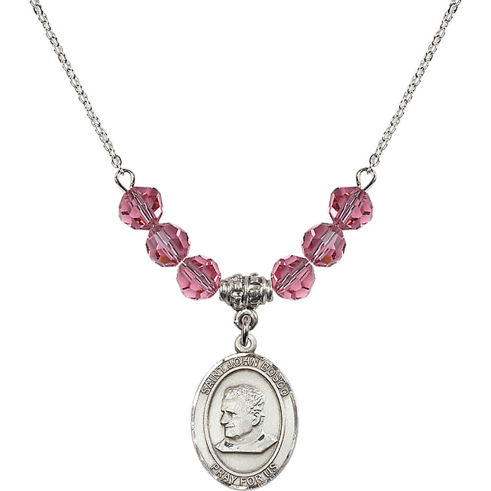 Sterling Silver Saint John Bosco Birthstone Necklace with Rose Beads - 8055