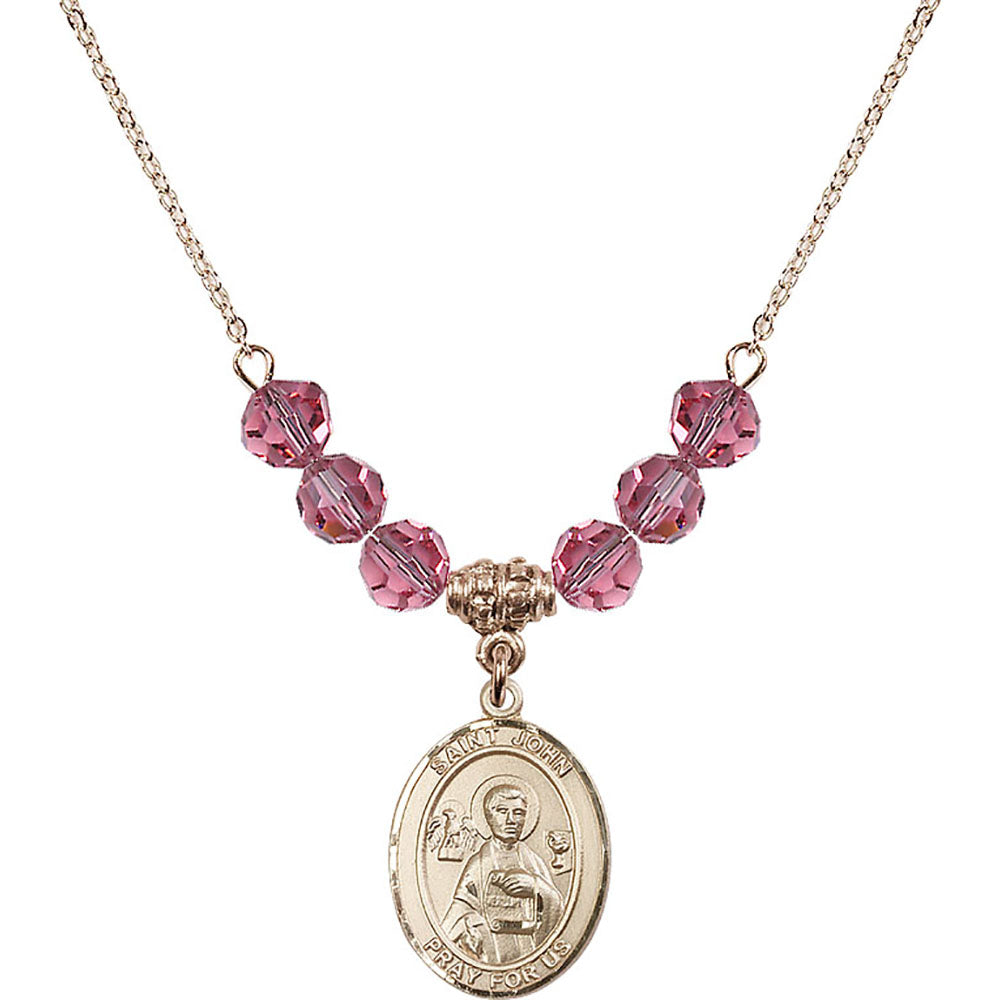 14kt Gold Filled Saint John the Apostle Birthstone Necklace with Rose Beads - 8056