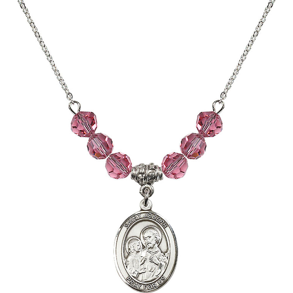 Sterling Silver Saint Joseph Birthstone Necklace with Rose Beads - 8058