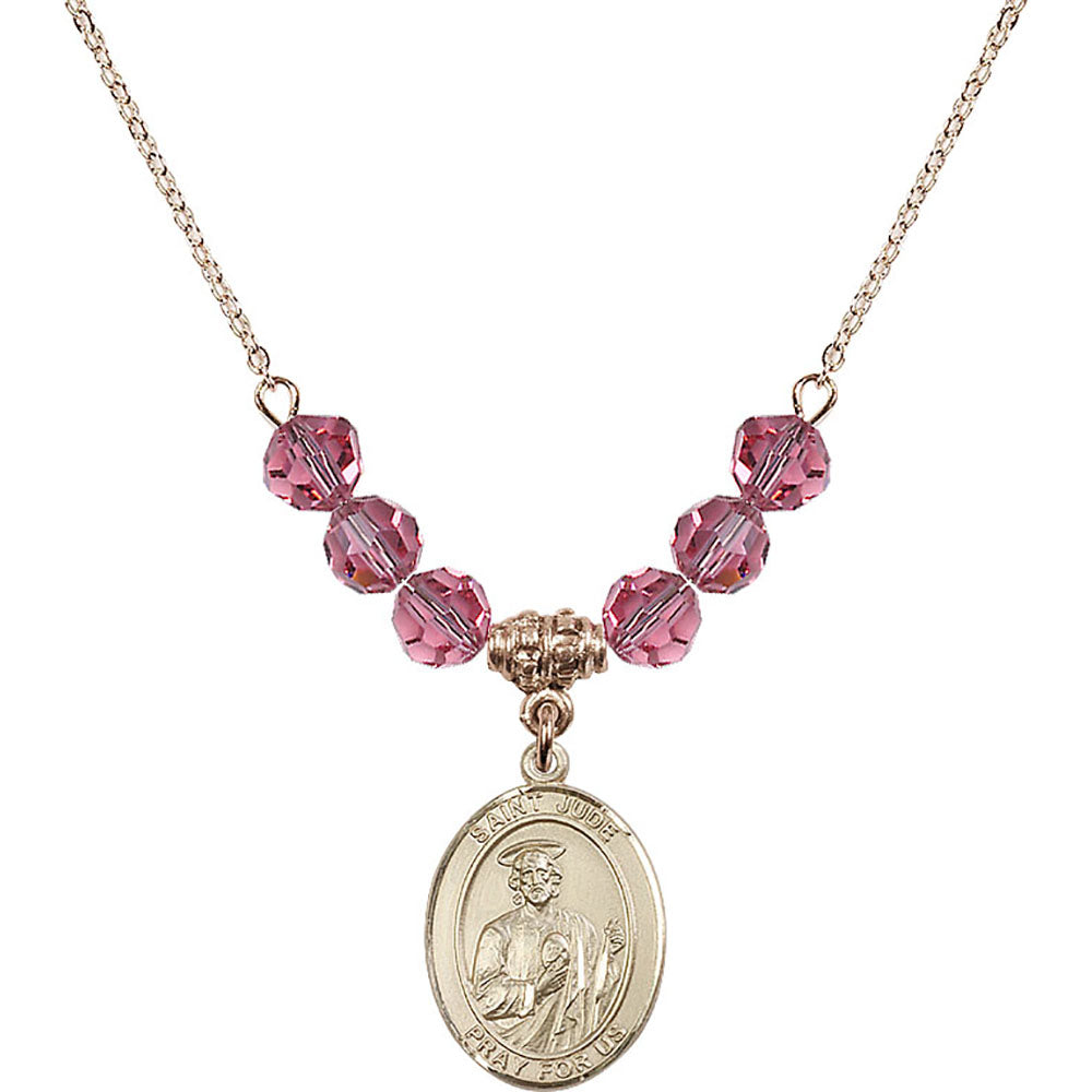 14kt Gold Filled Saint Jude Thaddeus Birthstone Necklace with Rose Beads - 8060