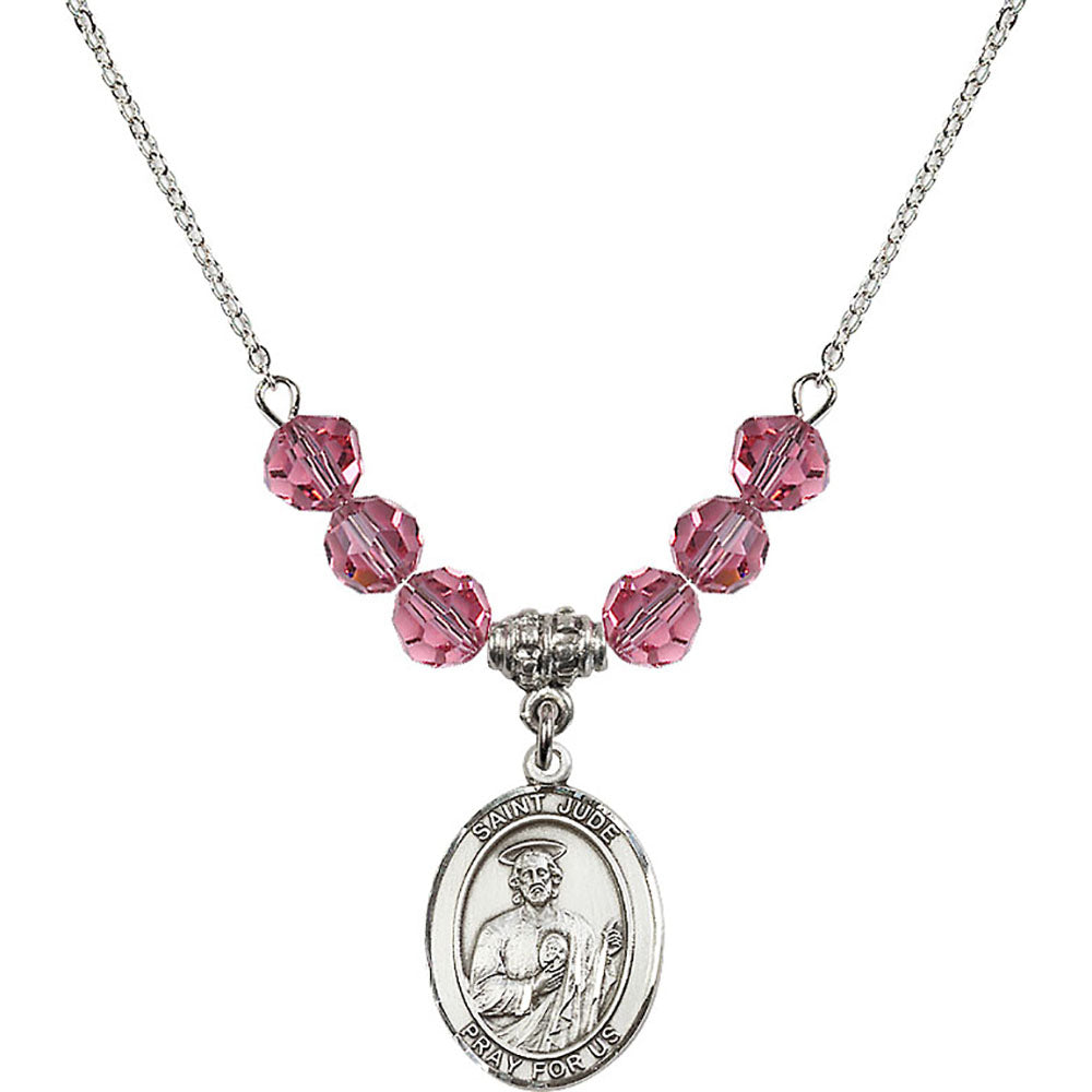 Sterling Silver Saint Jude Thaddeus Birthstone Necklace with Rose Beads - 8060