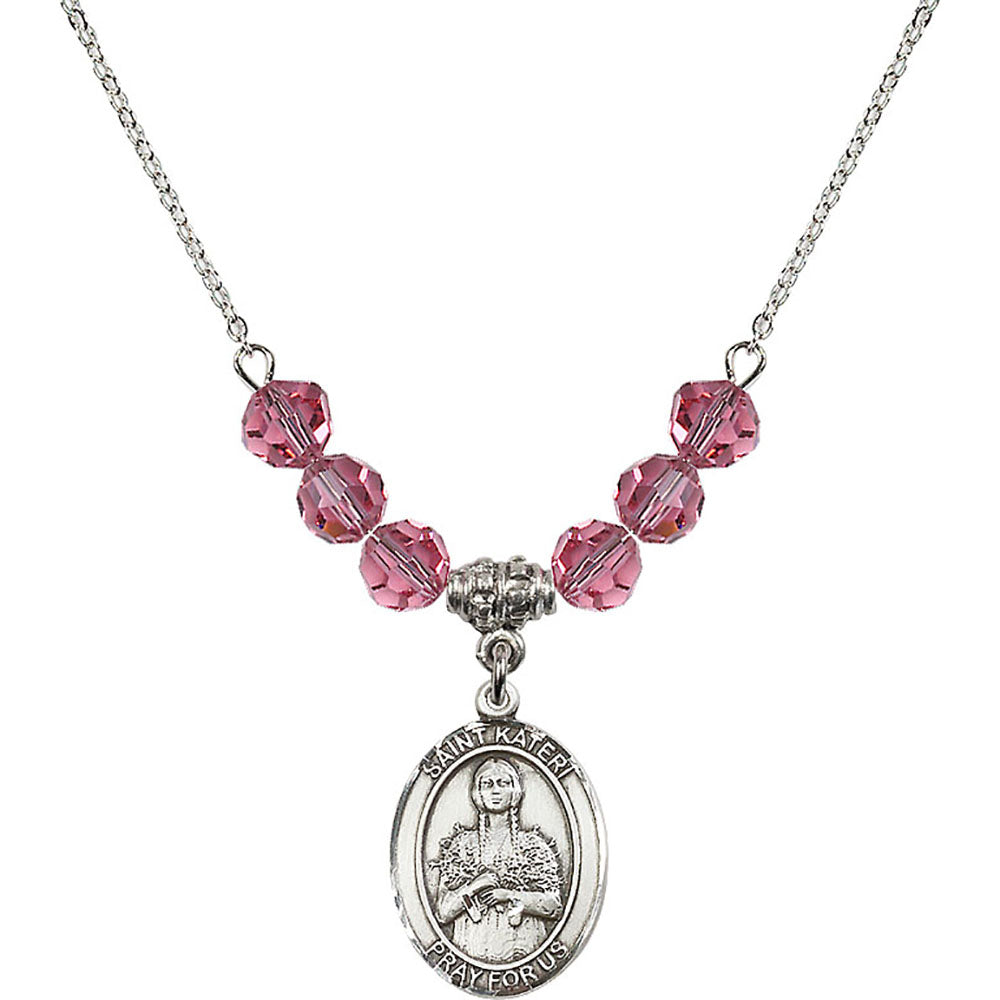 Sterling Silver Saint Kateri Tekakwitha Birthstone Necklace with Rose Beads - 8061