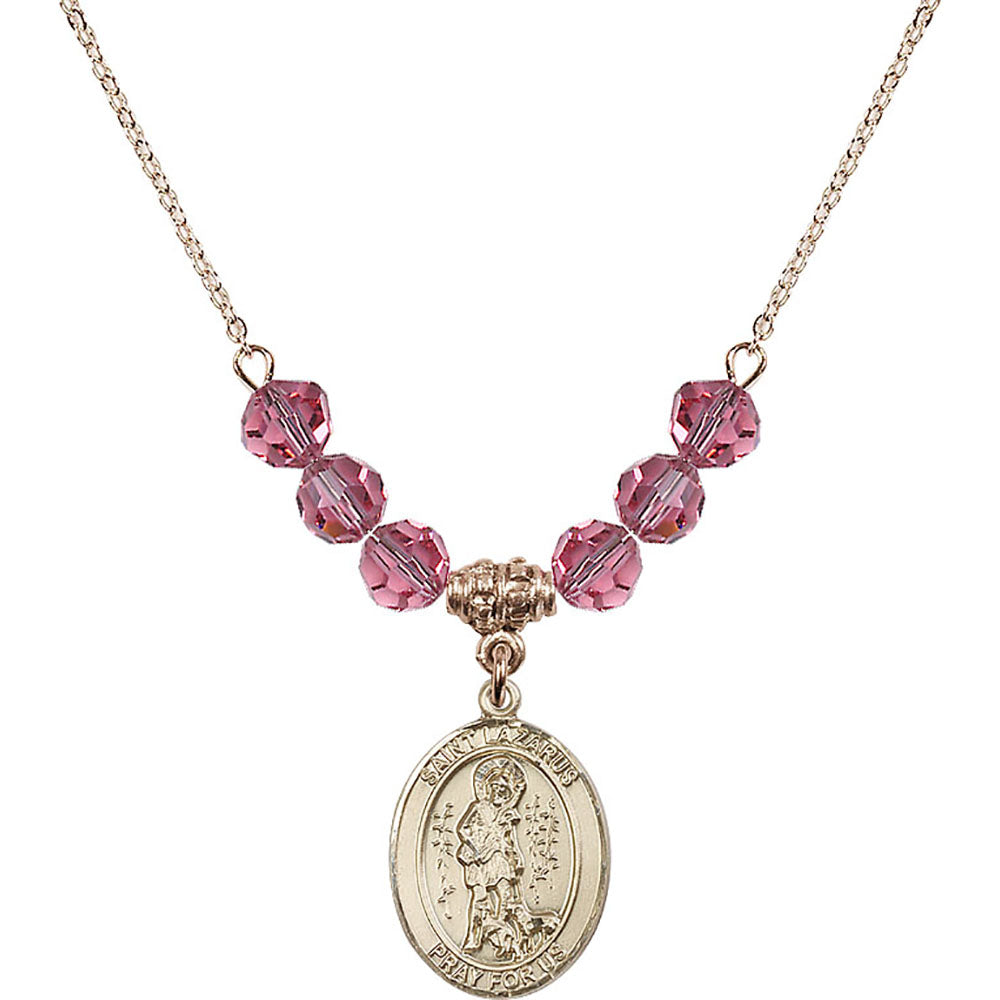 14kt Gold Filled Saint Lazarus Birthstone Necklace with Rose Beads - 8066
