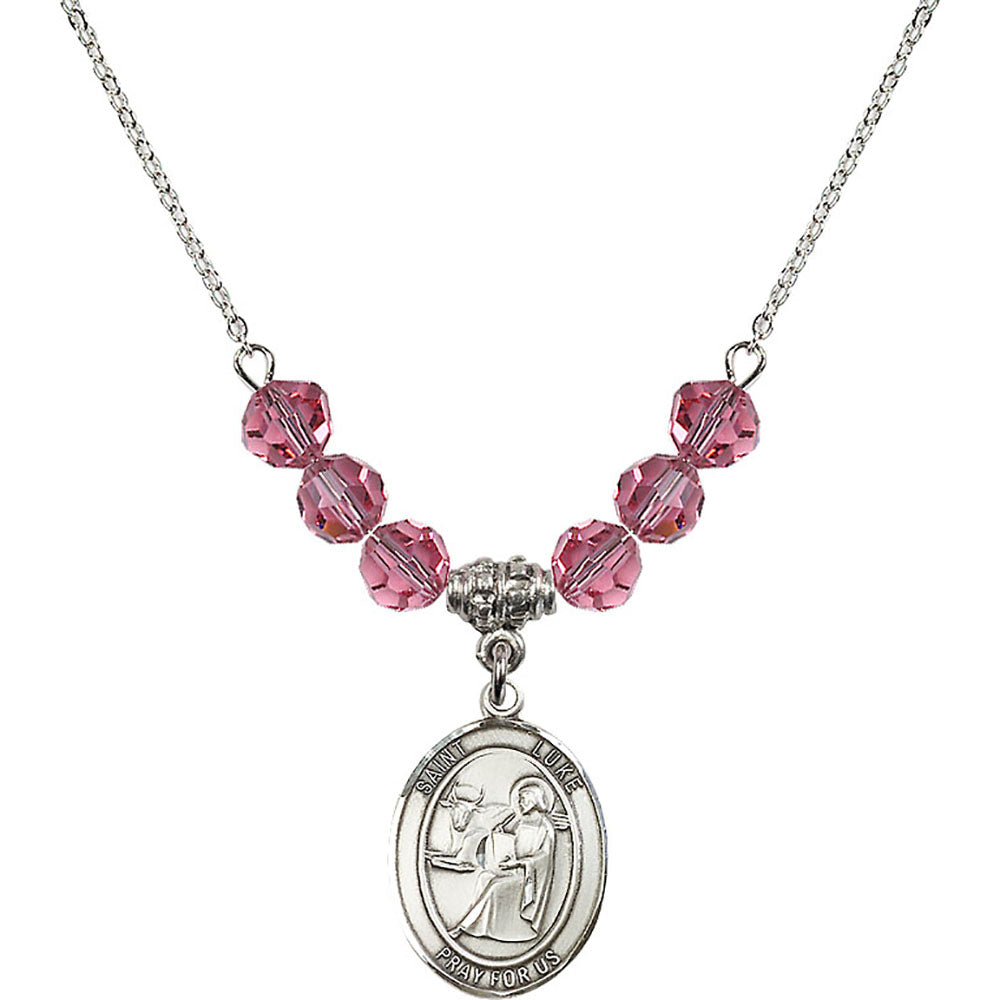 Sterling Silver Saint Luke the Apostle Birthstone Necklace with Rose Beads - 8068