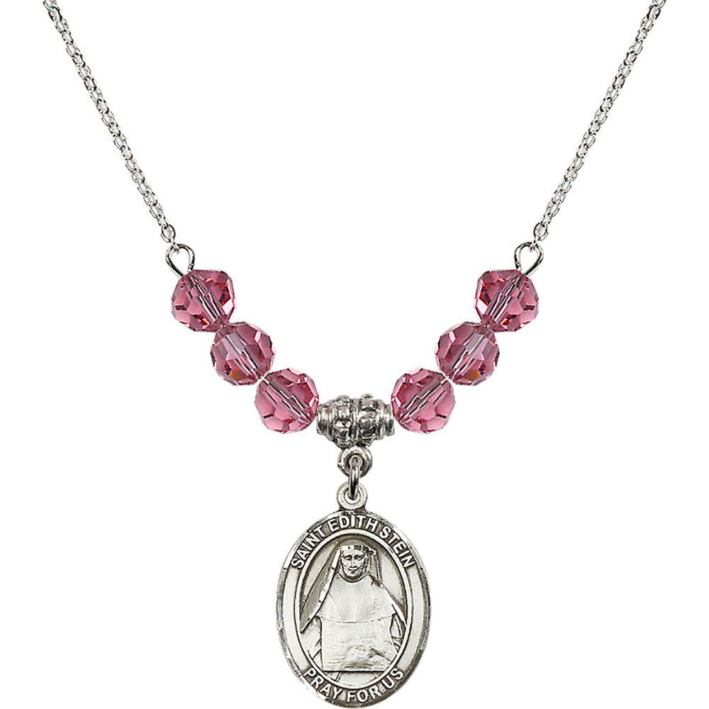 Sterling Silver Saint Edith Stein Birthstone Necklace with Rose Beads - 8103