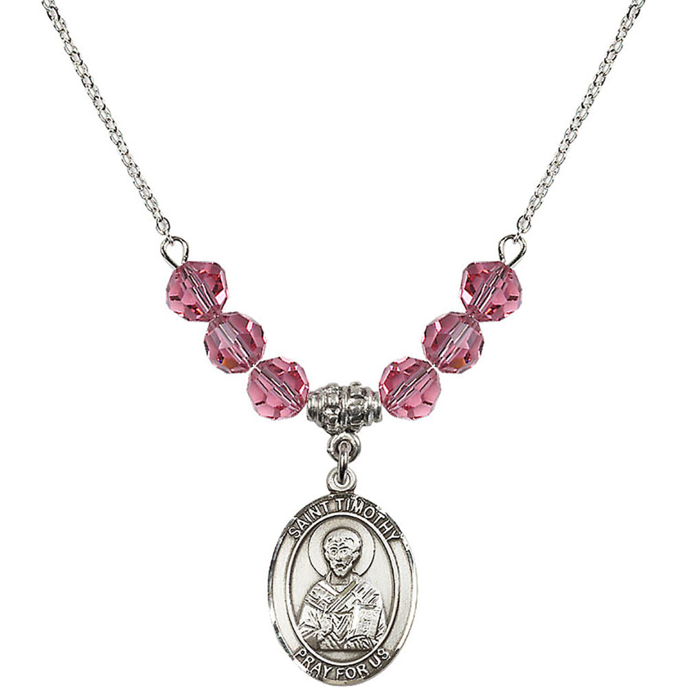 Sterling Silver Saint Timothy Birthstone Necklace with Rose Beads - 8105
