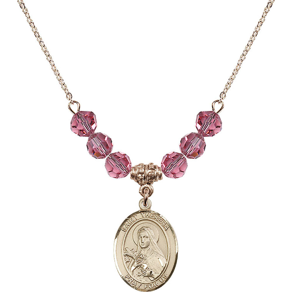 14kt Gold Filled Saint Theresa Birthstone Necklace with Rose Beads - 8106
