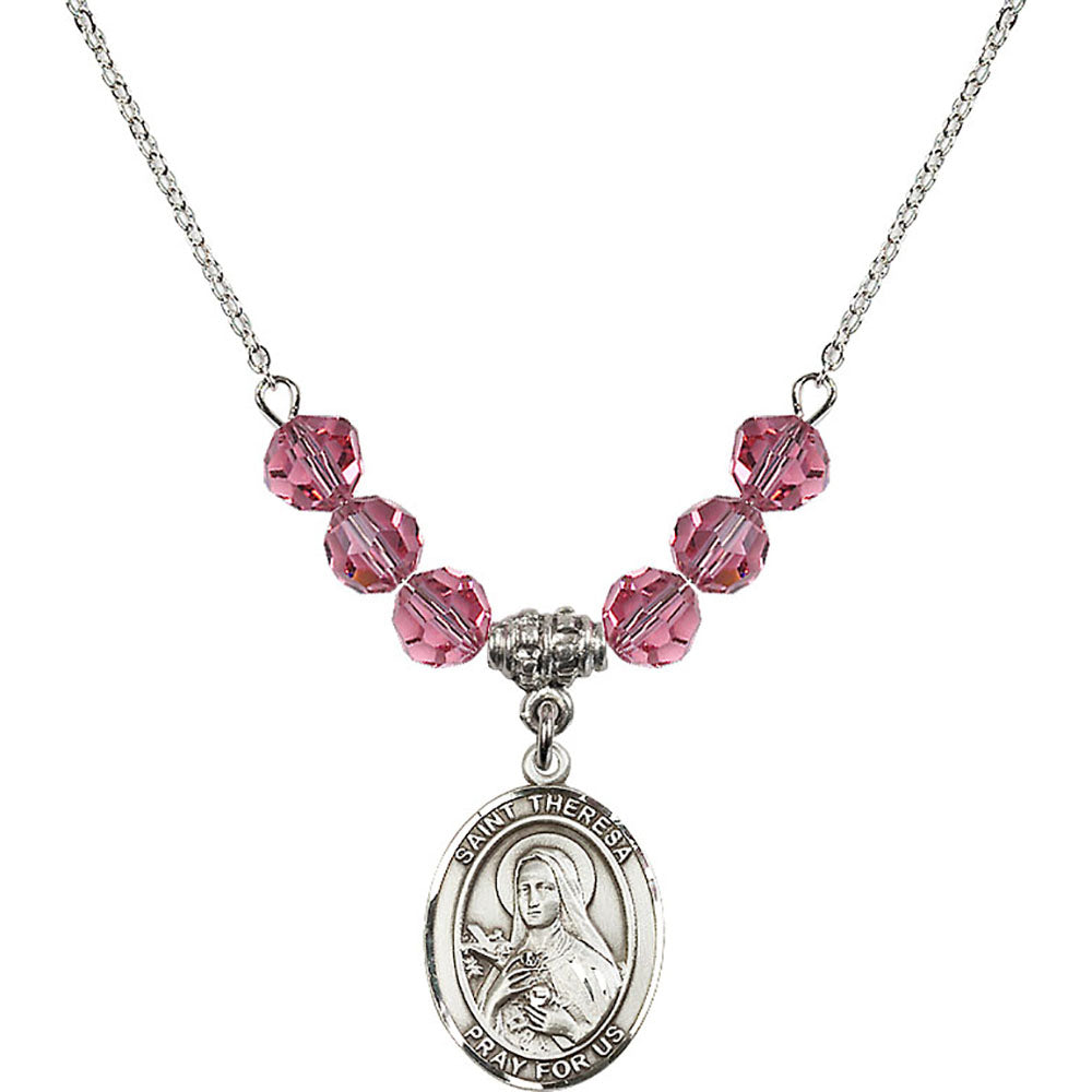 Sterling Silver Saint Theresa Birthstone Necklace with Rose Beads - 8106