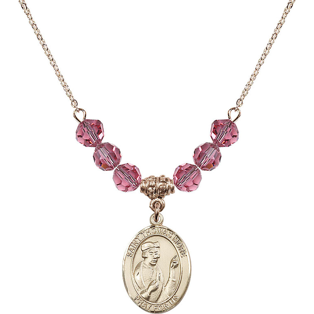 14kt Gold Filled Saint Thomas More Birthstone Necklace with Rose Beads - 8109