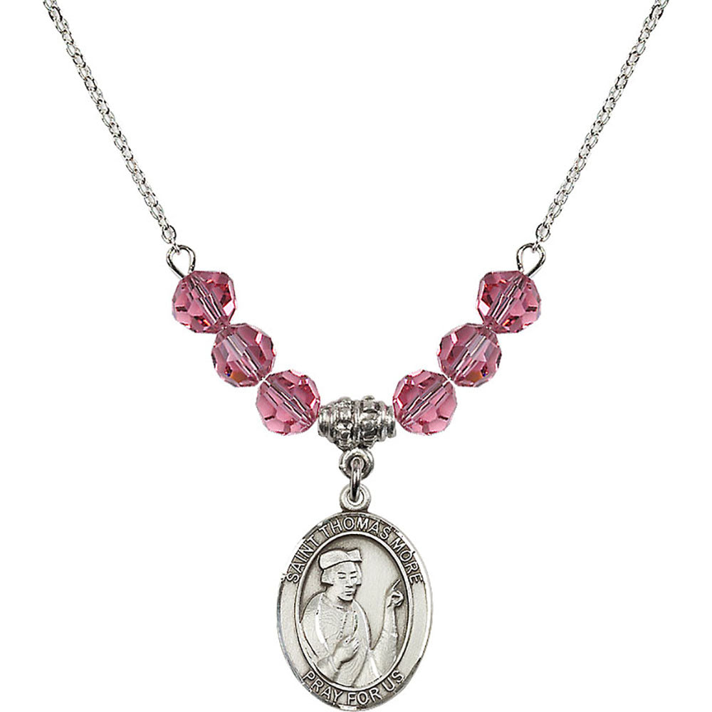Sterling Silver Saint Thomas More Birthstone Necklace with Rose Beads - 8109