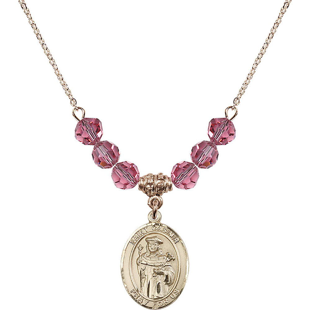 14kt Gold Filled Saint Casimir of Poland Birthstone Necklace with Rose Beads - 8113