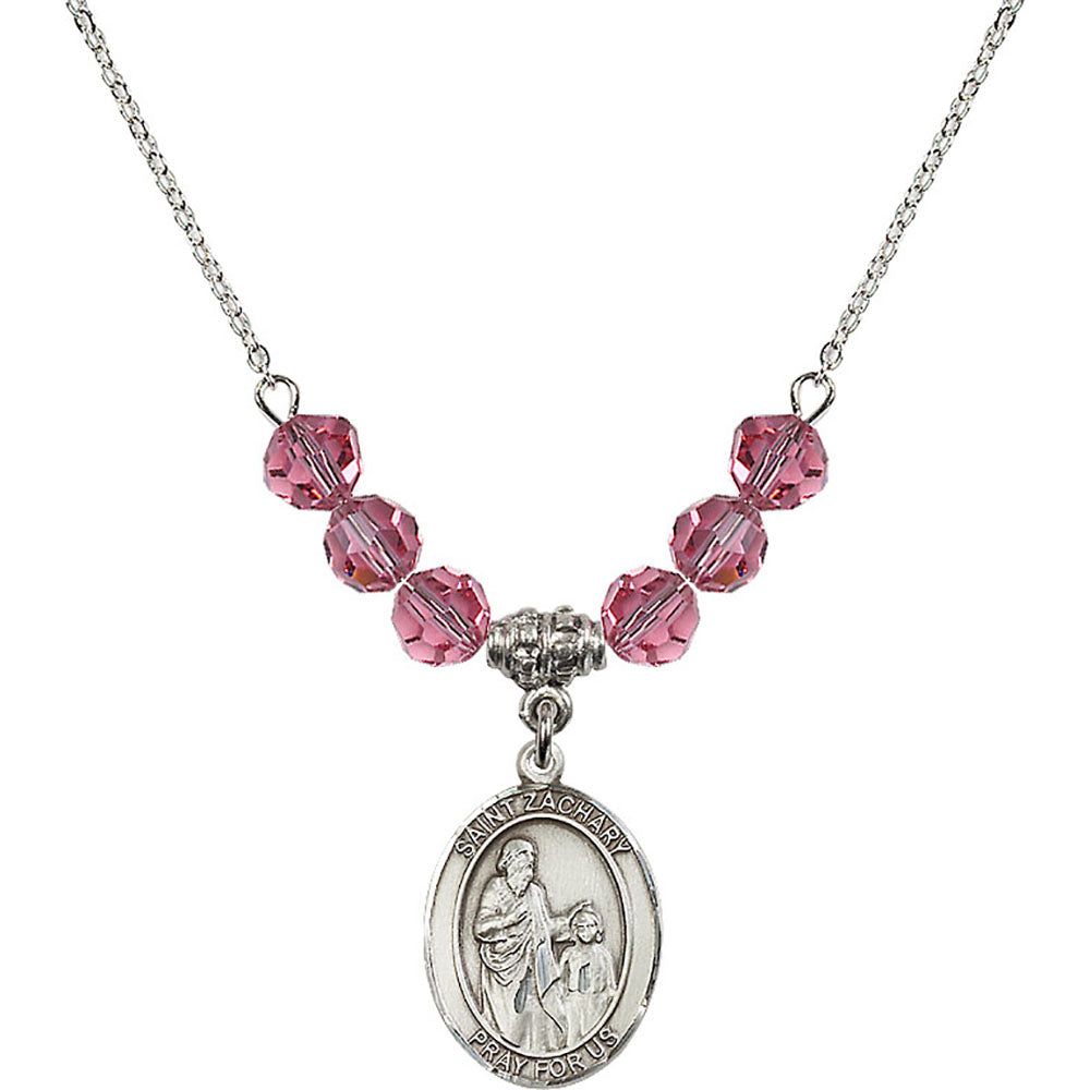 Sterling Silver Saint Zachary Birthstone Necklace with Rose Beads - 8116