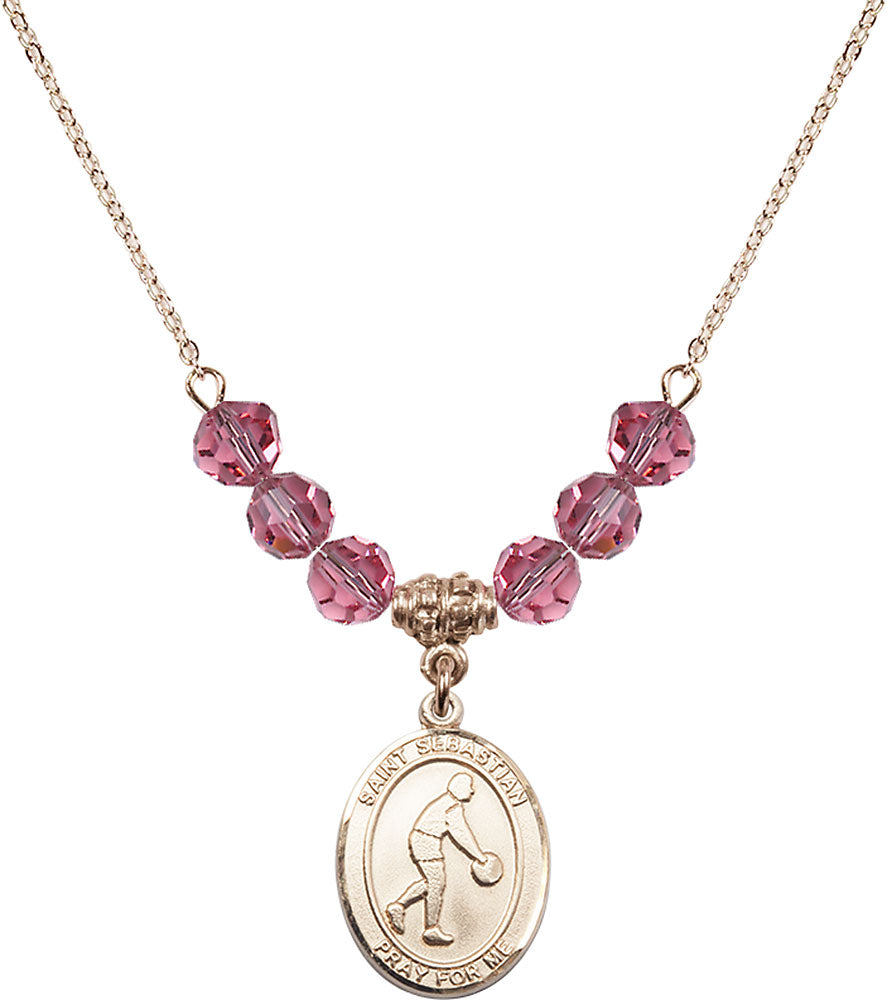 14kt Gold Filled Saint Sebastian/Basketball Birthstone Necklace with Rose Beads - 8163