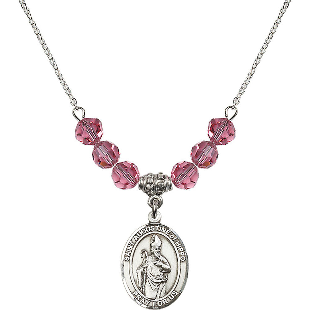 Sterling Silver Saint Augustine of Hippo Birthstone Necklace with Rose Beads - 8202