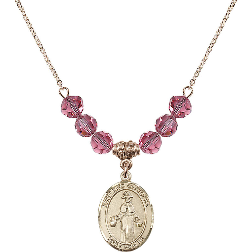 14kt Gold Filled Saint Nino de Atocha Birthstone Necklace with Rose Beads - 8214