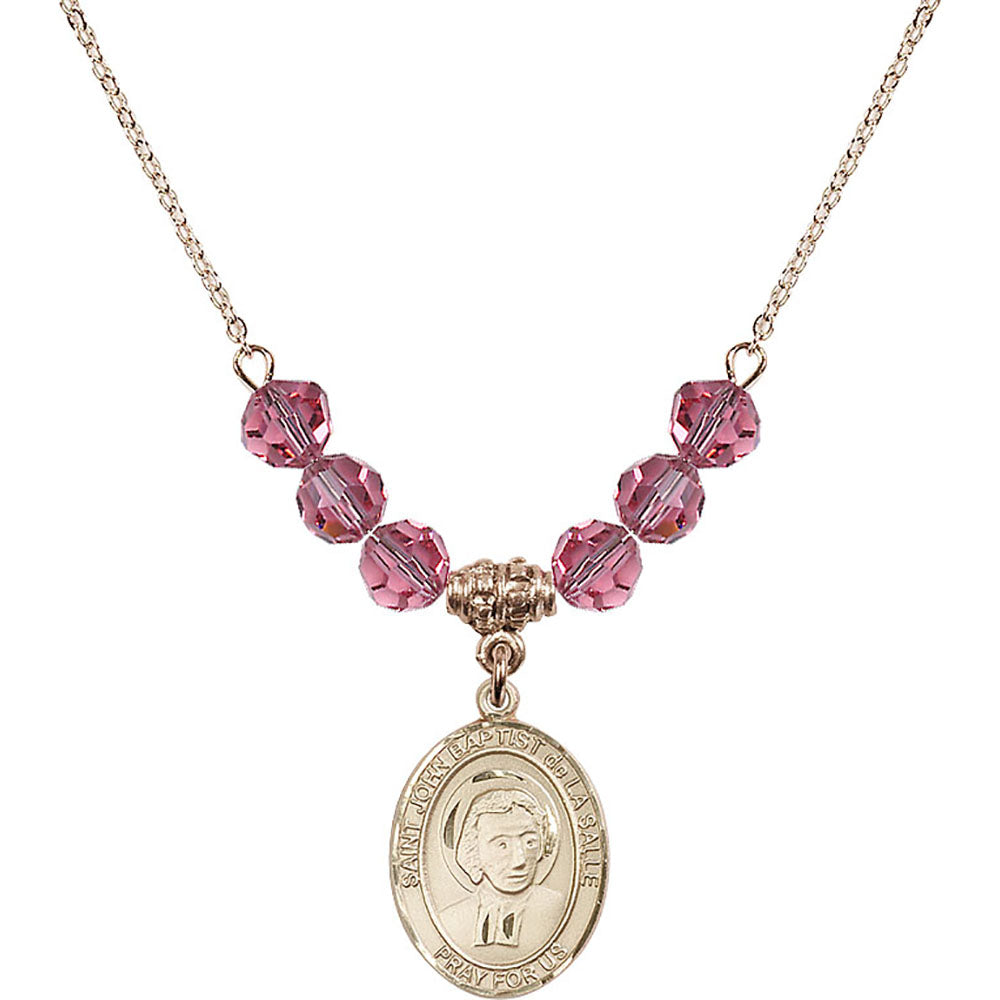 14kt Gold Filled Saint John Baptist de la Salle Birthstone Necklace with Rose Beads - 8262