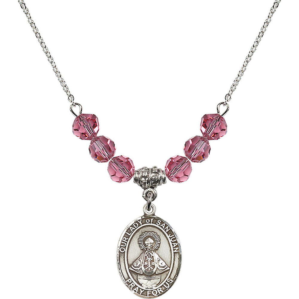 Sterling Silver Our Lady of San Juan Birthstone Necklace with Rose Beads - 8263