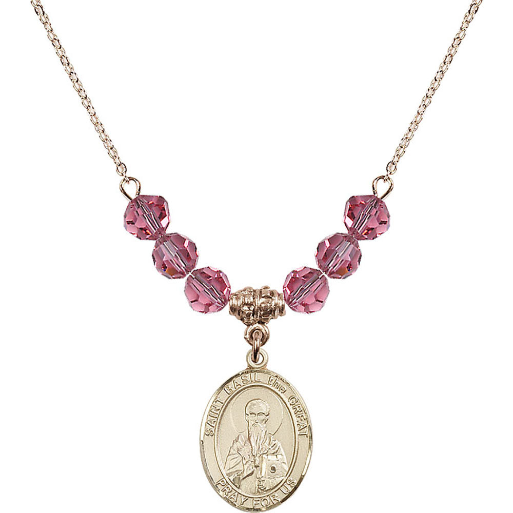 14kt Gold Filled Saint Basil the Great Birthstone Necklace with Rose Beads - 8275