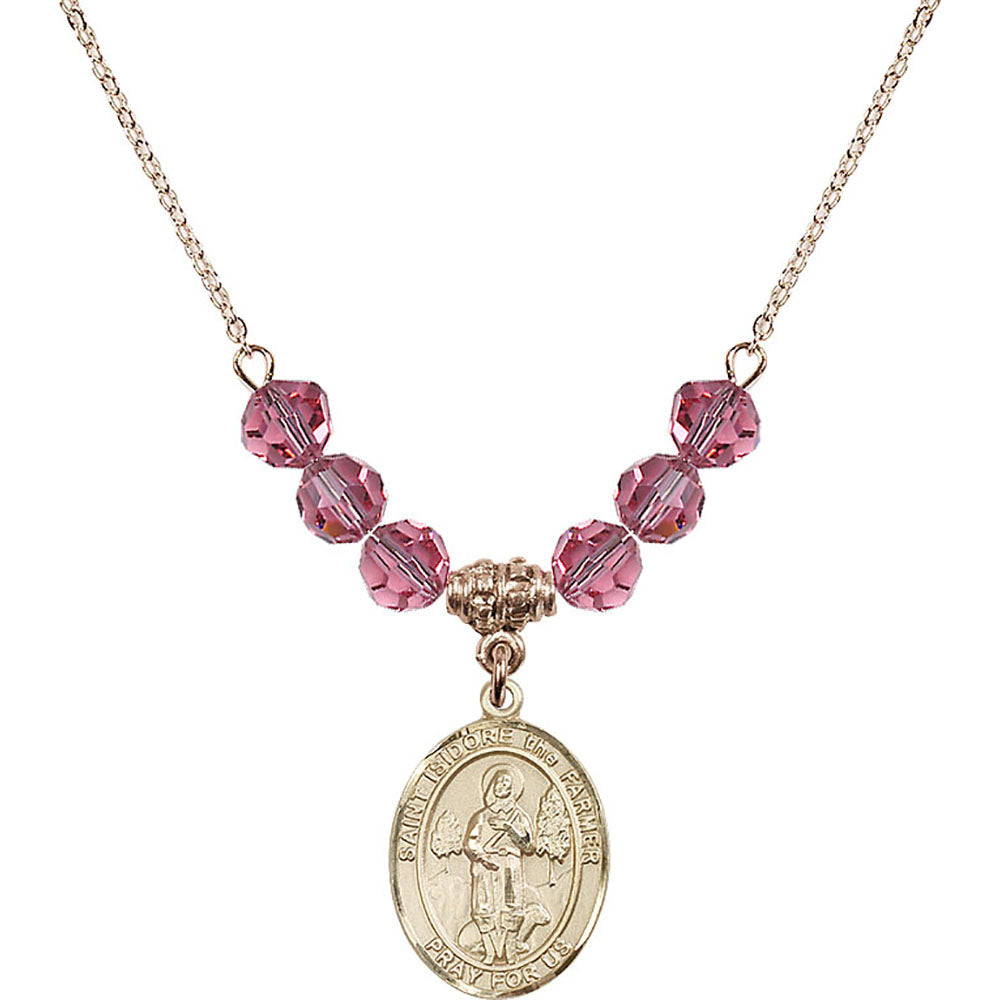 14kt Gold Filled Saint Isidore the Farmer Birthstone Necklace with Rose Beads - 8276