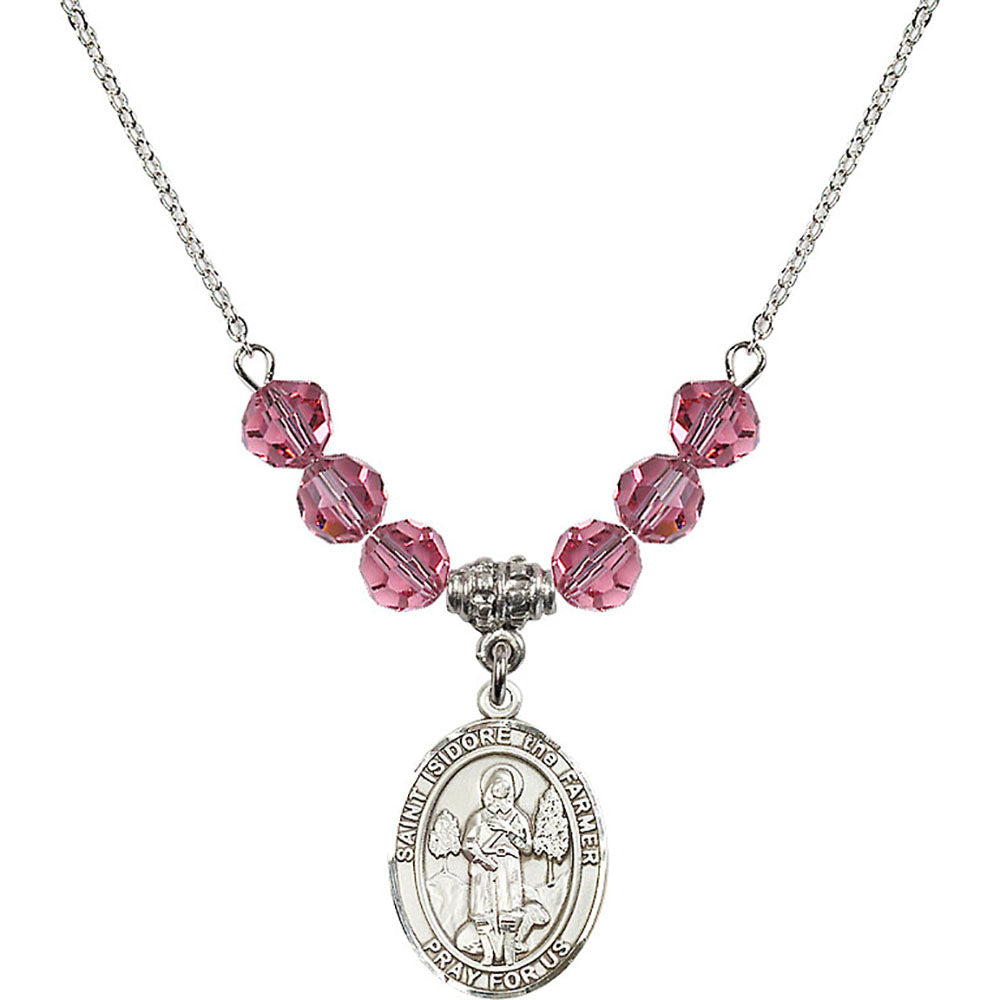 Sterling Silver Saint Isidore the Farmer Birthstone Necklace with Rose Beads - 8276