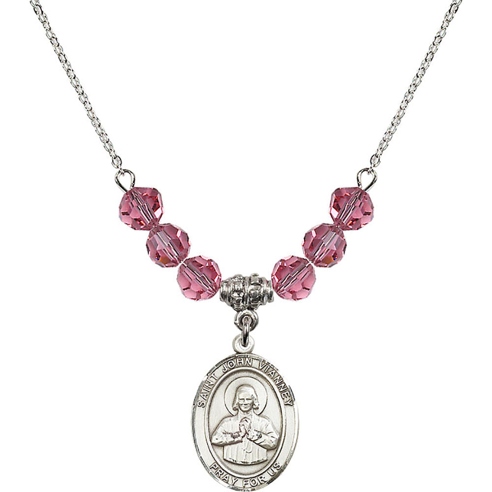 Sterling Silver Saint John Vianney Birthstone Necklace with Rose Beads - 8282