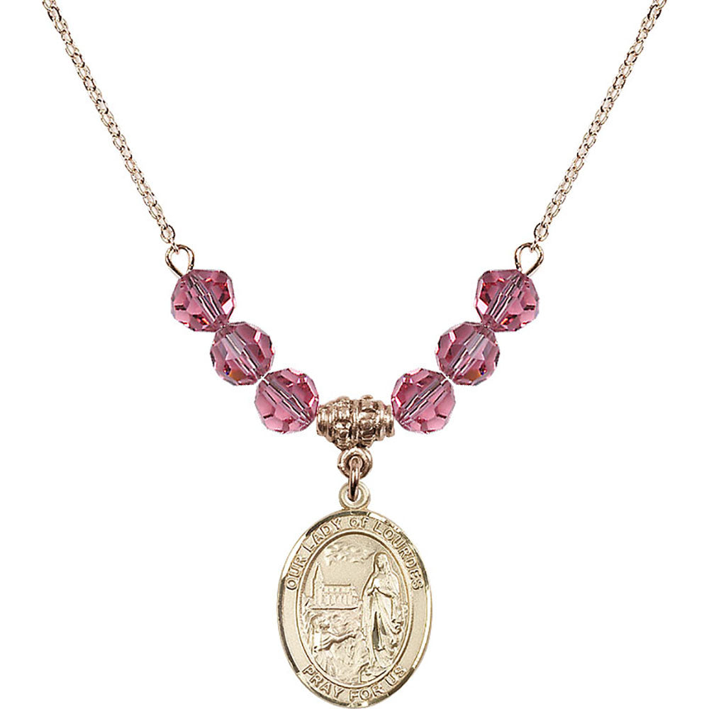 14kt Gold Filled Our Lady of Lourdes Birthstone Necklace with Rose Beads - 8288