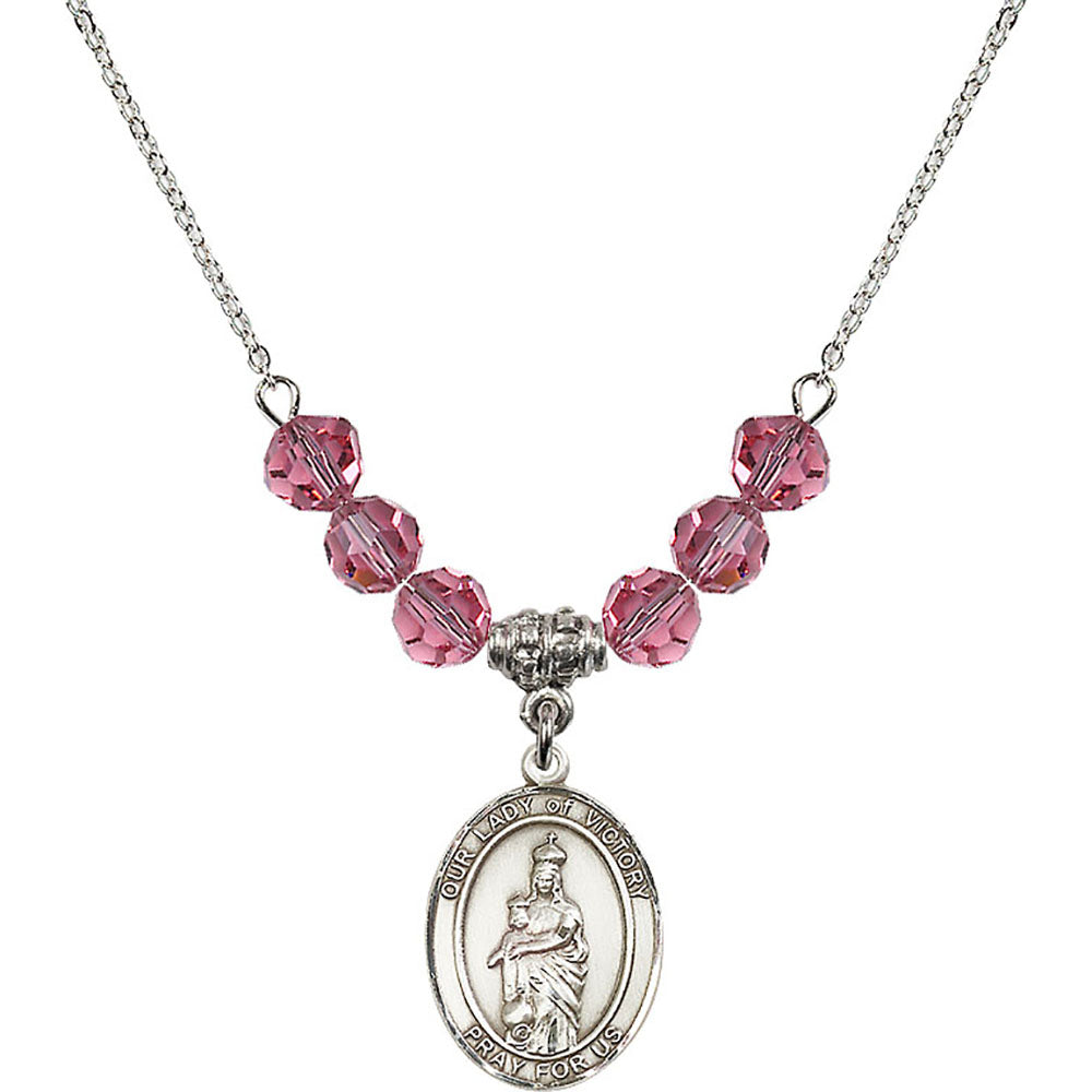 Sterling Silver Our Lady of Victory Birthstone Necklace with Rose Beads - 8306
