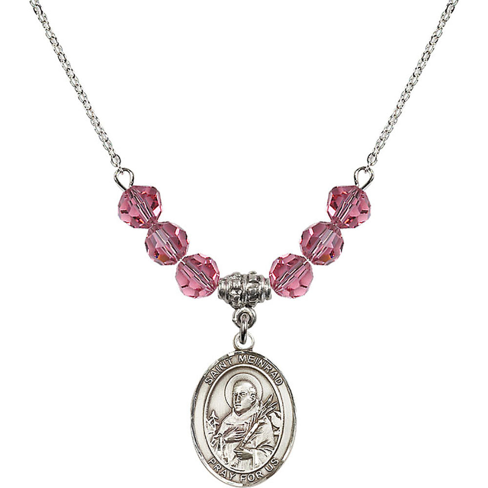 Sterling Silver Saint Meinrad of Einsiedeln Birthstone Necklace with Rose Beads - 8307