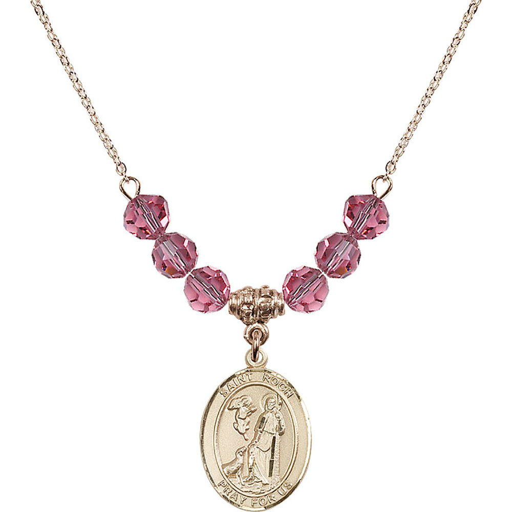 14kt Gold Filled Saint Roch Birthstone Necklace with Rose Beads - 8310