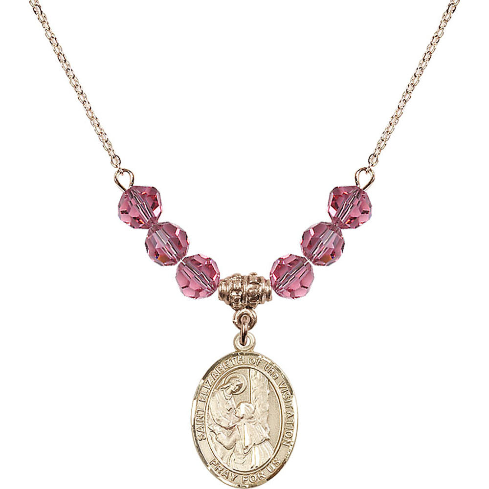 14kt Gold Filled Saint Elizabeth of the Visitation Birthstone Necklace with Rose Beads - 8311
