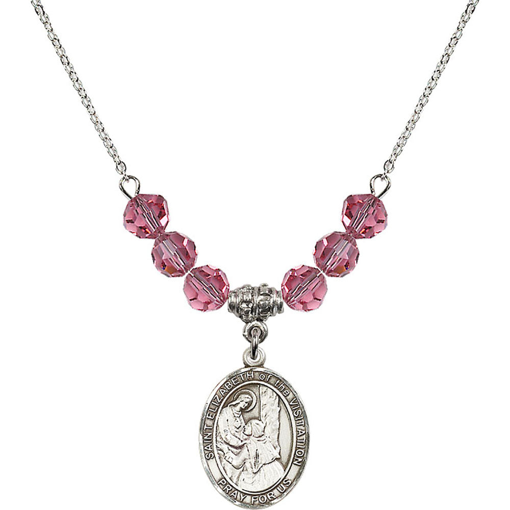 Sterling Silver Saint Elizabeth of the Visitation Birthstone Necklace with Rose Beads - 8311
