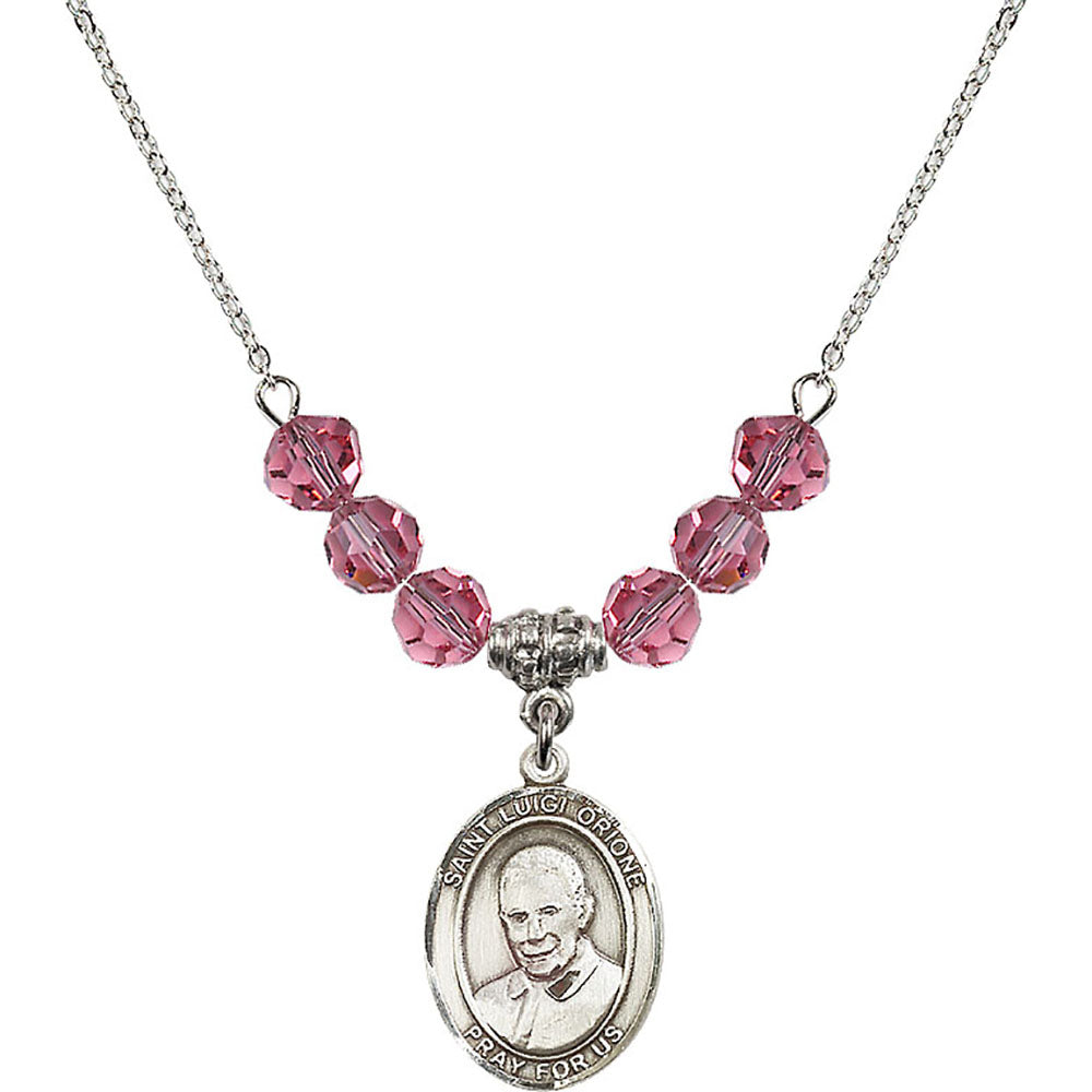 Sterling Silver Saint Luigi Orione Birthstone Necklace with Rose Beads - 8326