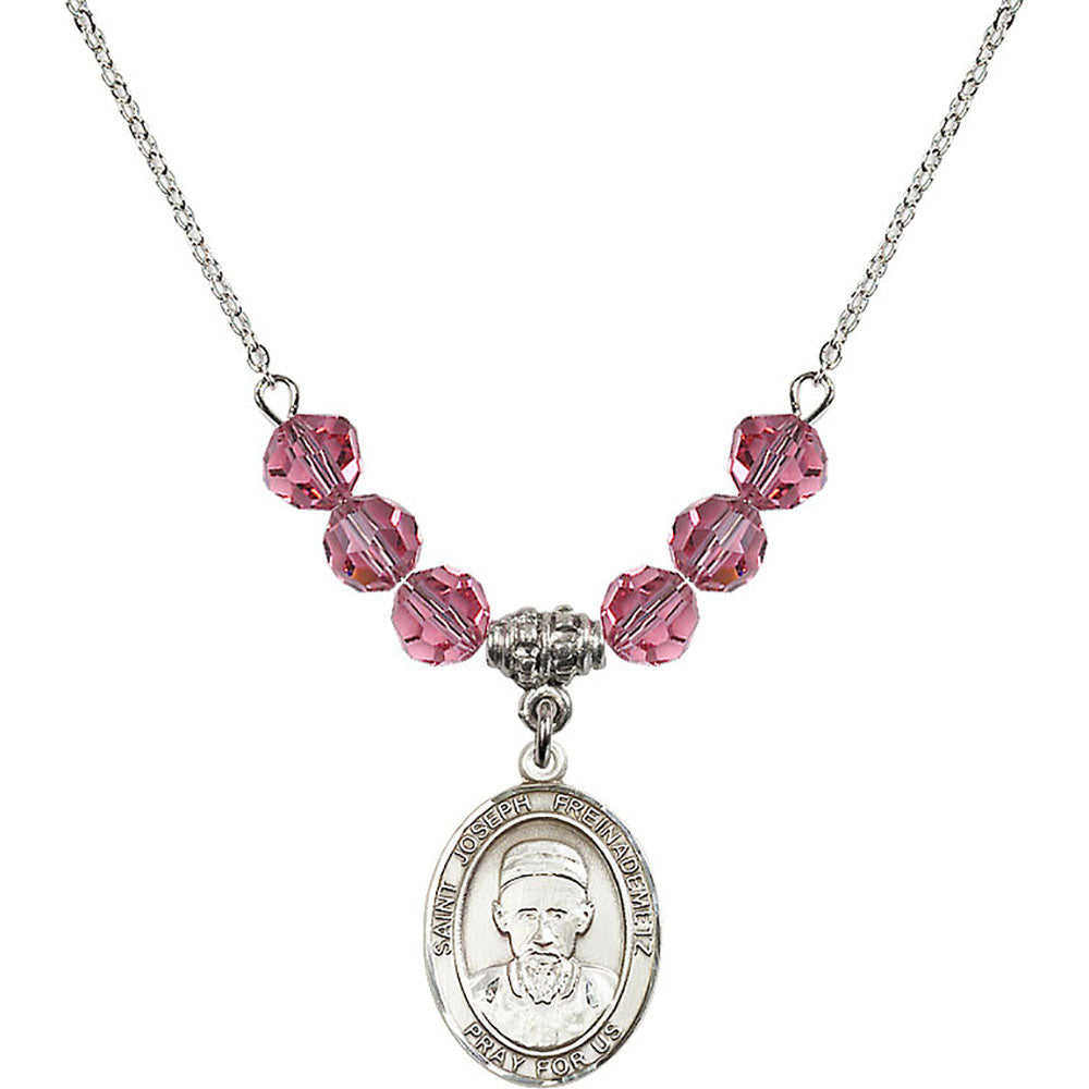 Sterling Silver Saint Joseph Freinademetz Birthstone Necklace with Rose Beads - 8329