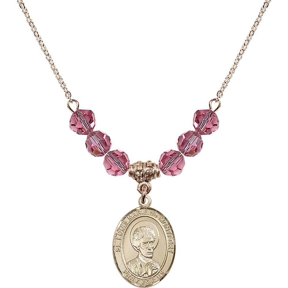 14kt Gold Filled Saint Louis Marie de Montfort Birthstone Necklace with Rose Beads - 8330