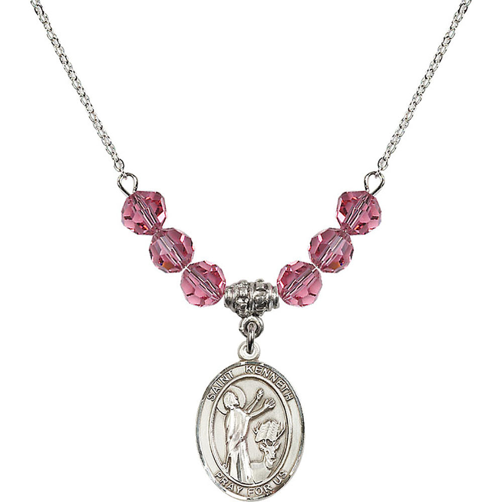 Sterling Silver Saint Kenneth Birthstone Necklace with Rose Beads - 8332
