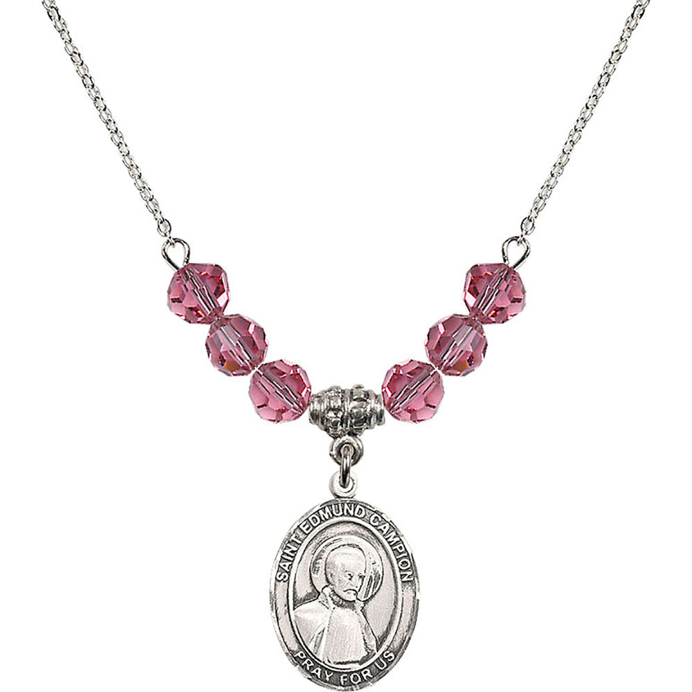 Sterling Silver Saint Edmund Campion Birthstone Necklace with Rose Beads - 8333