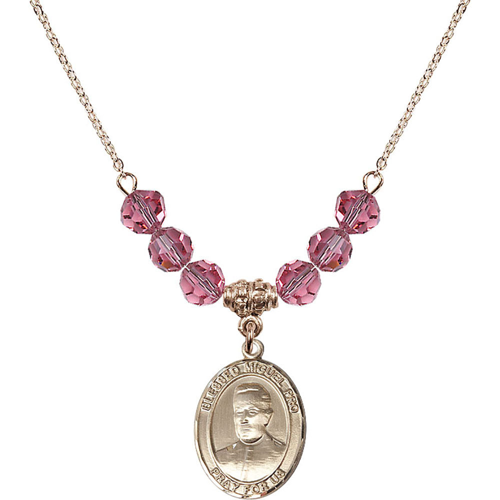 14kt Gold Filled Blessed Miguel Pro Birthstone Necklace with Rose Beads - 8389