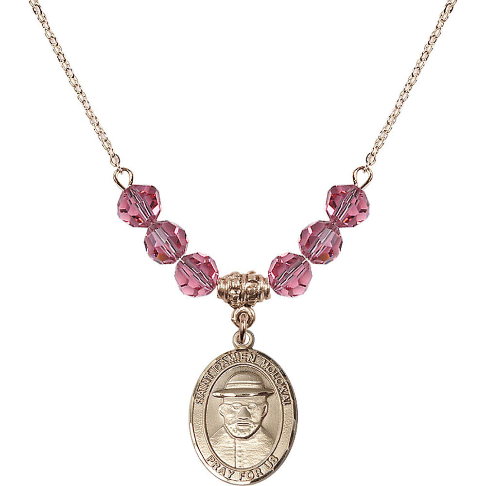 14kt Gold Filled Saint Damien of Molokai Birthstone Necklace with Rose Beads - 8412