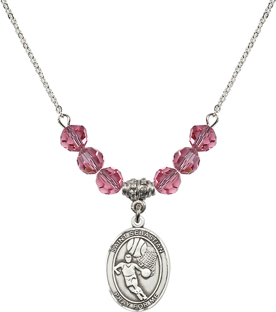 Sterling Silver Saint Sebastian/Basketball Birthstone Necklace with Rose Beads - 8602