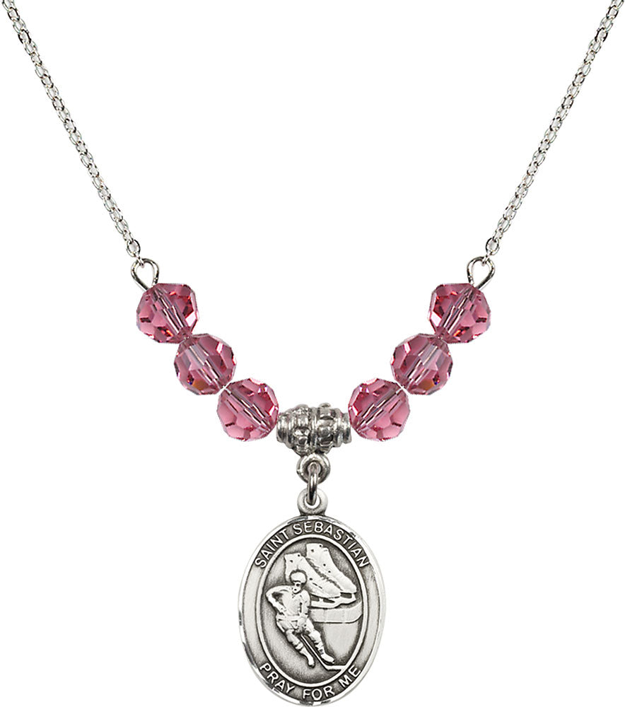 Sterling Silver Saint Sebastian / Hockey Birthstone Necklace with Rose Beads - 8604
