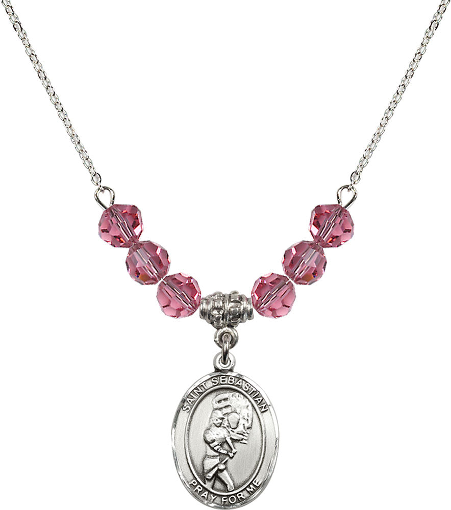 Sterling Silver Saint Sebastian/Softball Birthstone Necklace with Rose Beads - 8607