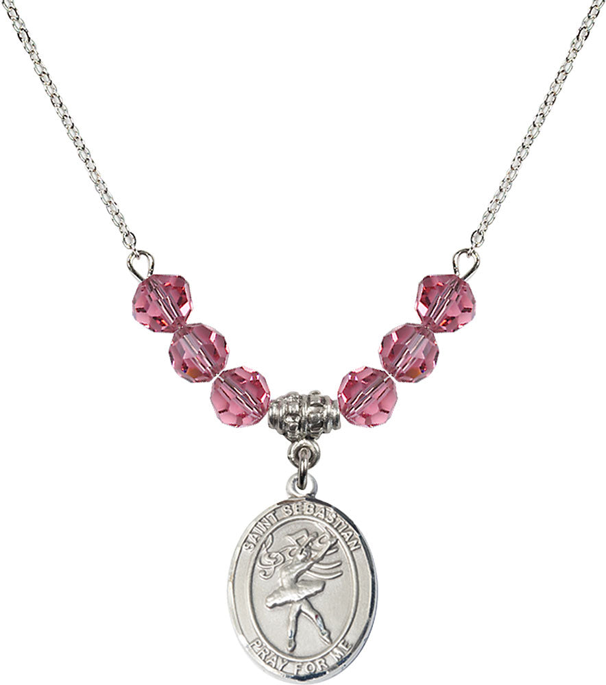 Sterling Silver Saint Sebastian / Dance Birthstone Necklace with Rose Beads - 8612