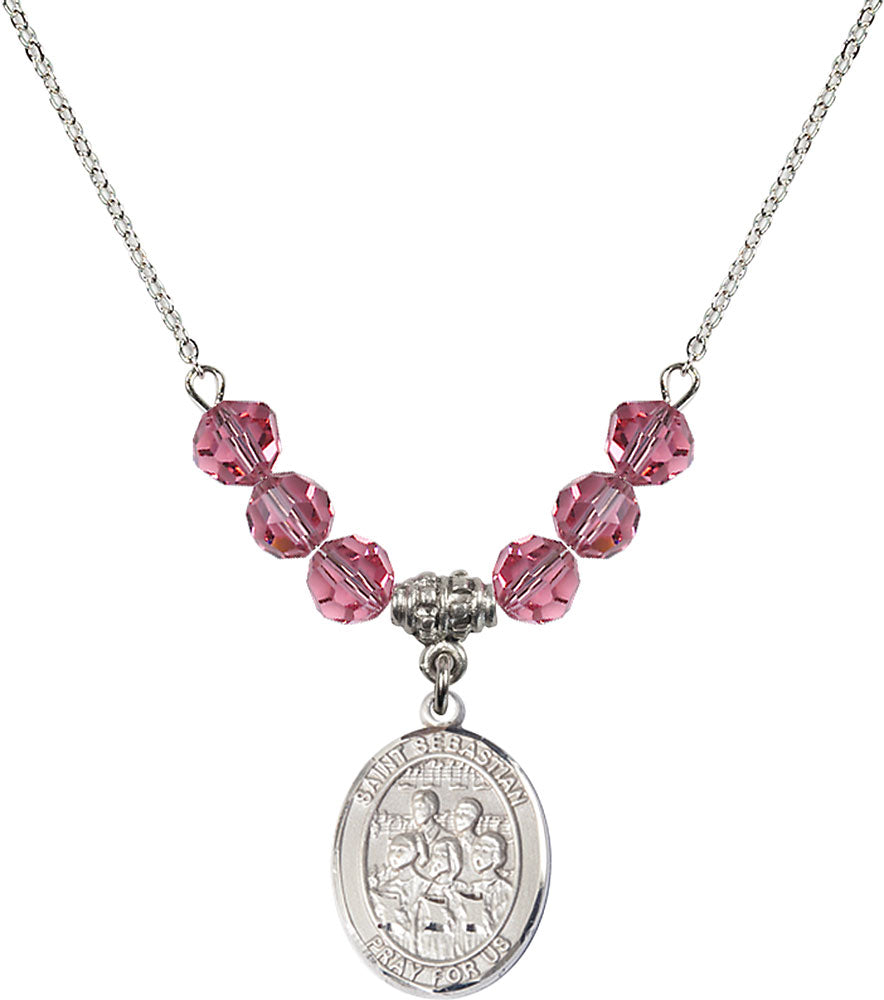 Sterling Silver Saint Sebastian / Choir Birthstone Necklace with Rose Beads - 8614