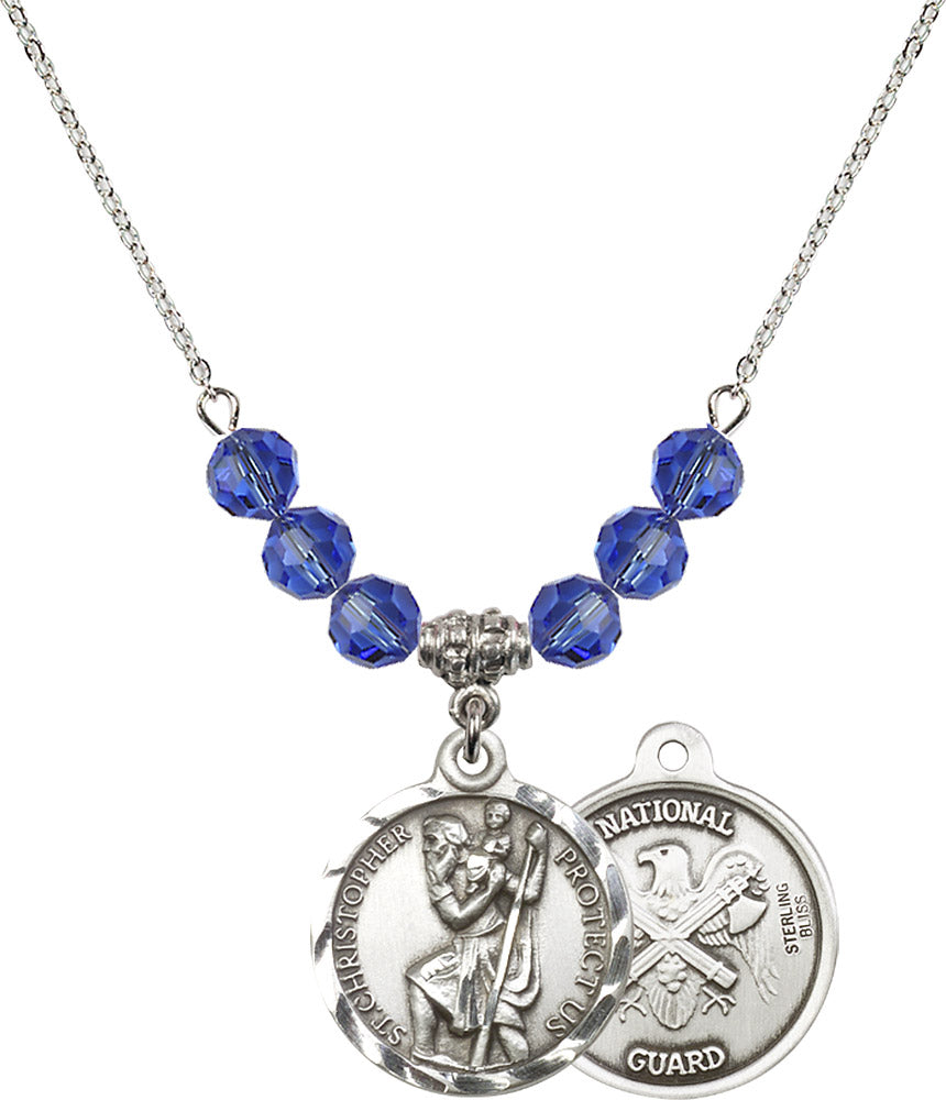 Sterling Silver Saint Christopher / Nat'l Guard Birthstone Necklace with Sapphire Beads - 0192
