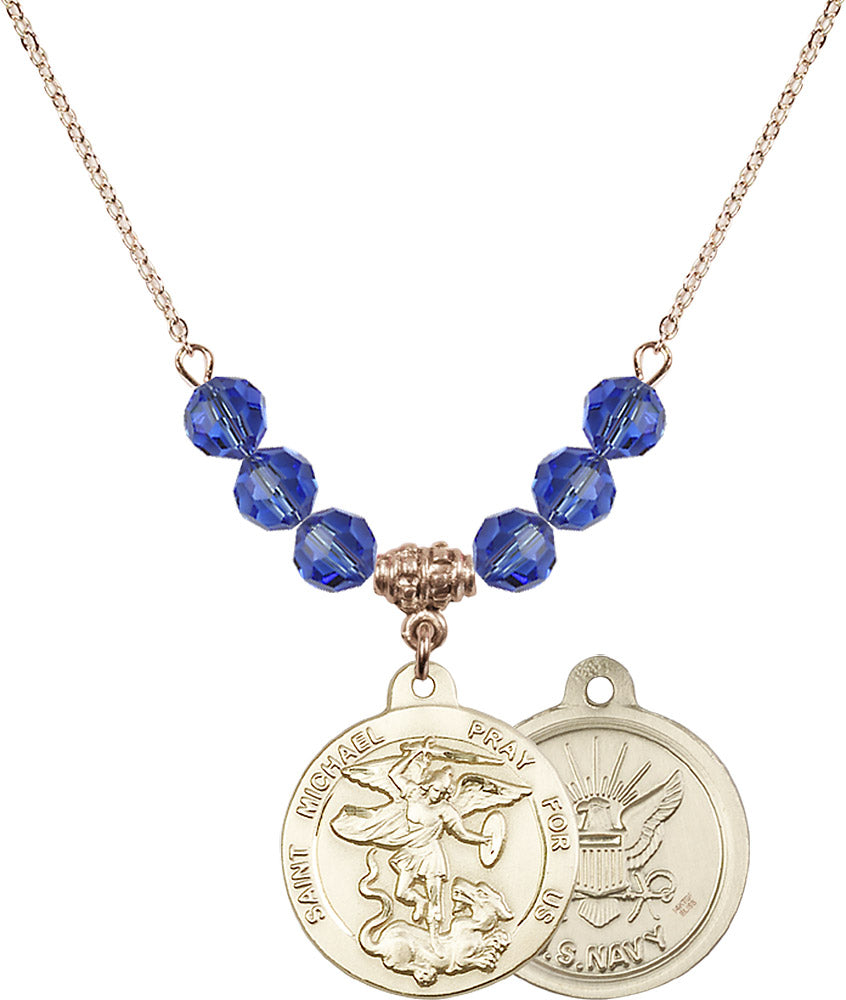 14kt Gold Filled Saint Michael / Navy Birthstone Necklace with Sapphire Beads - 0342