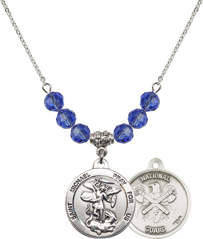 Sterling Silver Saint Michael / Nat'l Guard Birthstone Necklace with Sapphire Beads - 0342