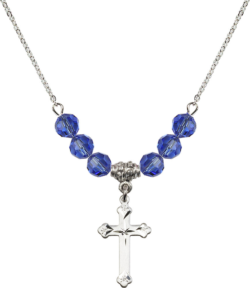 Sterling Silver Cross Birthstone Necklace with Sapphire Beads - 0667