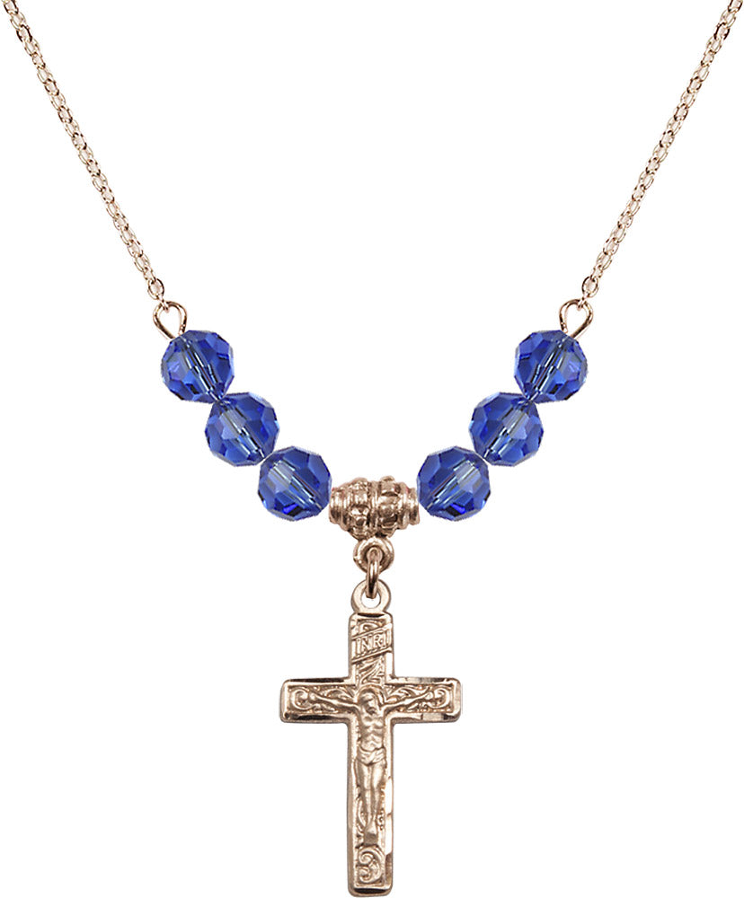 14kt Gold Filled Crucifix Birthstone Necklace with Sapphire Beads - 0673