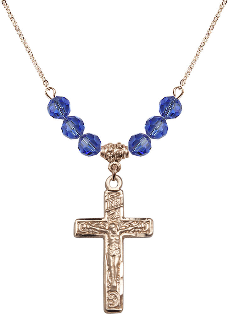 14kt Gold Filled Crucifix Birthstone Necklace with Sapphire Beads - 0674