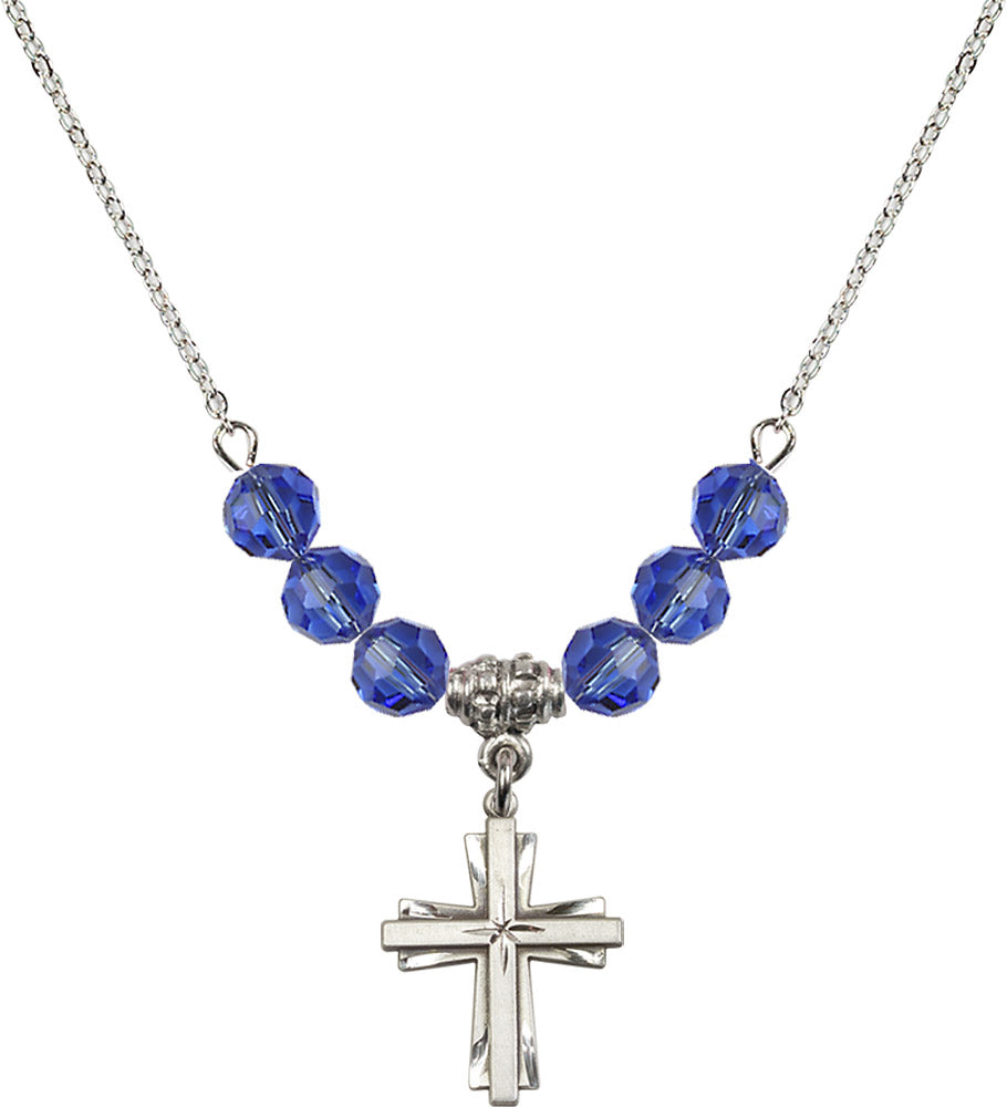 Sterling Silver Cross Birthstone Necklace with Sapphire Beads - 0675